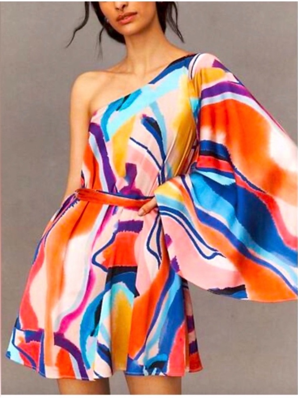 Anthropologie BHLDN one-shoulder satin mini dress. Bell sleeve. 2 pockets. M